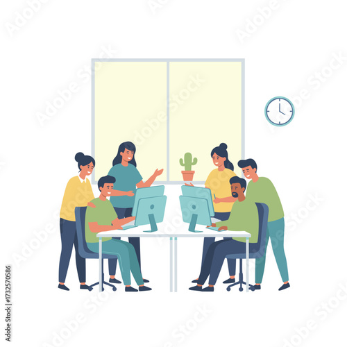 In the office, a group of bright, cheerful young professionals collaborate, train, and exchange business ideas to efficiently achieve results