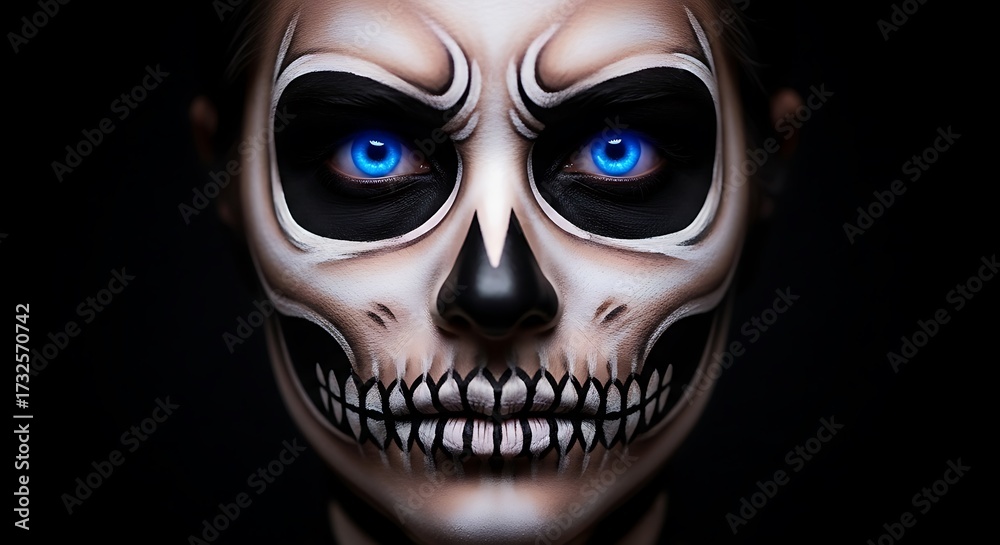 Naklejka premium Stunning skeleton face paint for Halloween celebration with glowing blue eyes
