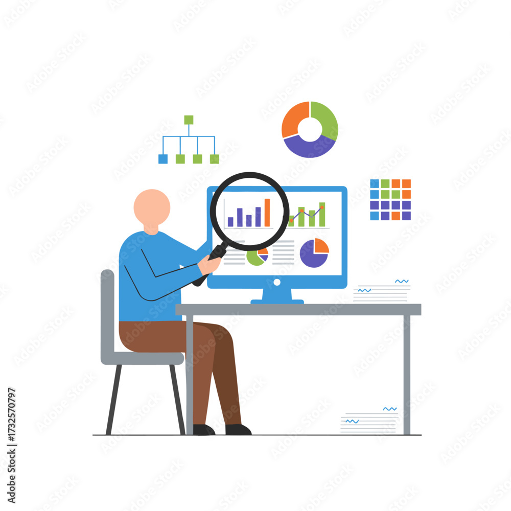 Fototapeta premium A flat illustration of office workers examining and researching business data, set against a white background