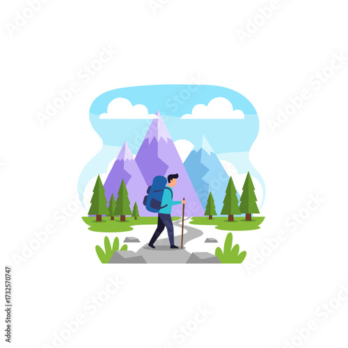Concept of a flat vector illustration featuring a man ascending a mountain, isolated against a white background