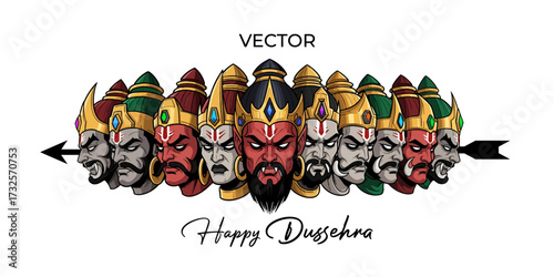 happy dussehra or vijayadashami poster. Ten heads of Ravana and Rama arrow illustration. Victory on Ravan concept