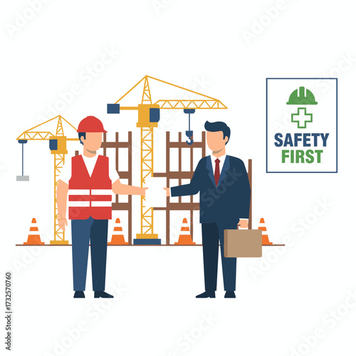 In a vector illustration, a businessman hands a health insurance policy to a worker standing before a construction site, illustrating the concept of health insurance