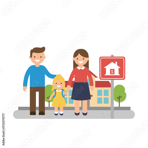 Illustration concept on a white background showing parents escorting their children to school