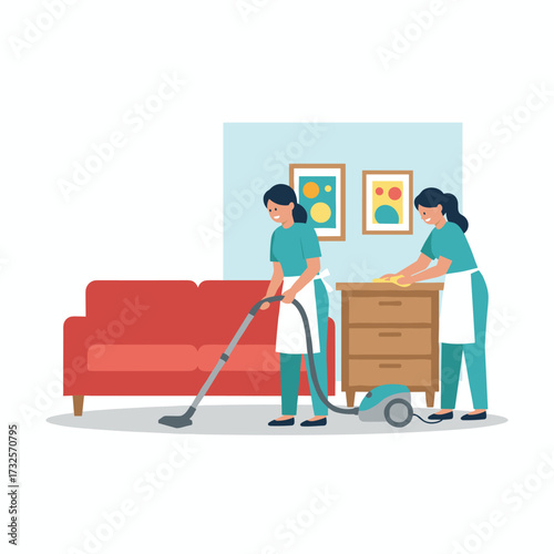 A cleaning crew equipped with professional tools is tidying the living room in a vector illustration concept