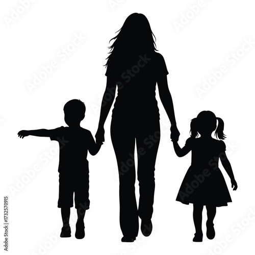 Silhouette of mother walking with son and daughter holding hands family connection and love representation silhouette