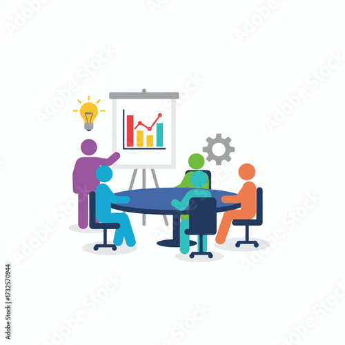 Vector illustration concept of businessmen and businesswomen brainstorming ideas while conducting a business presentation
