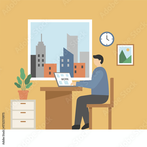 A young finance market analyst wearing glasses works at a sunny office on a laptop while seated at a wooden table