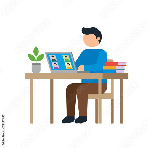 A businessman participates in a video call, depicted as a flat illustration against a white background
