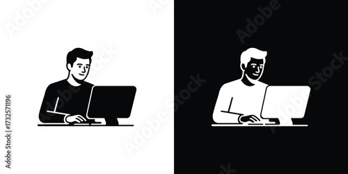 Man using Computer Illustration, Monochrome Character design, Transparent Background