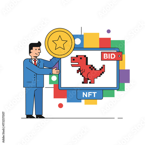 An NFT investor places a bid on an NFT art illustration concept, featuring a flat illustration set against a white background