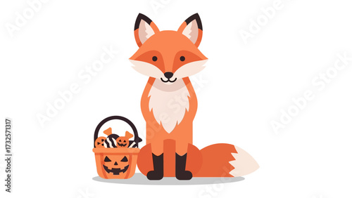 Adorable Fox with Halloween Treats: A charming cartoon fox sits beside a pumpkin-shaped treat basket, ready for a spooky night. A touch of Halloween fun for all ages.