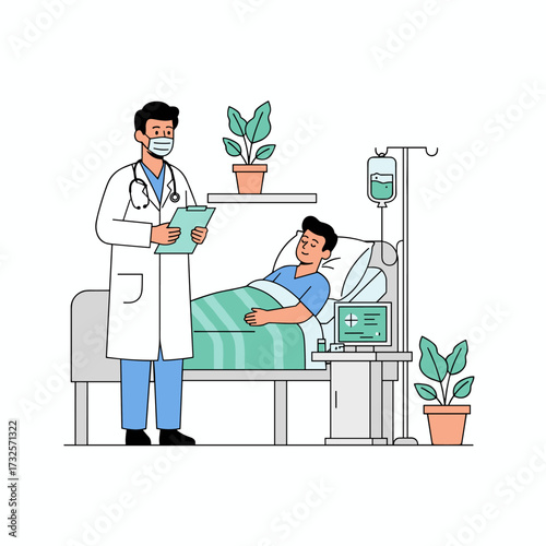 A patient in a private hospital ward is being examined by a doctor; the flat illustration is isolated on a white background