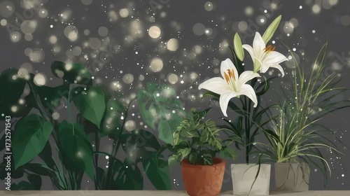 リリーと鉢植えの植物とボケ効果のある背景