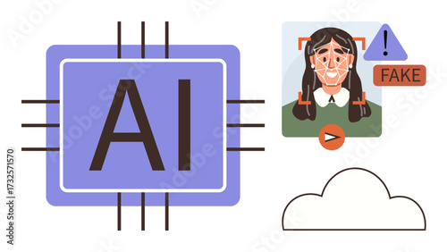 AI chip identifying deepfake media with human face detection, alert messages, and cloud technology. Ideal for cybersecurity, AI ethics, technology, machine learning, trust, detection systems simple