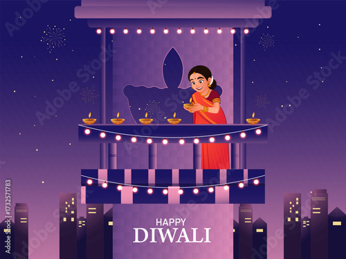 Happy Diwali Indian festival of lights. Vector illustration of cityscape or landscape background with woman lighting oil lamp.