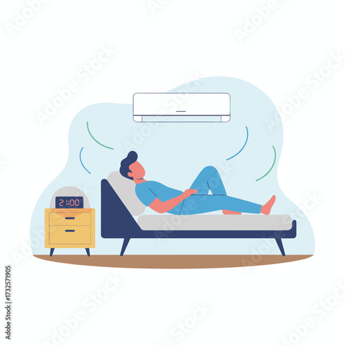 A man on the bed uses a smart house speaker to voice‑control the conditioner and clock, making it ideal for web banners, infographics, and hero images