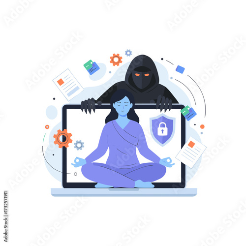 Illustration concept of a computer spyware attack, presented as a flat design isolated against a white background