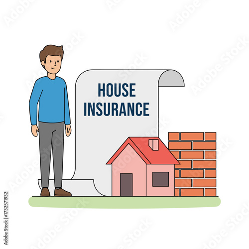 The man finalized the vector illustration of his house insurance policy, embodying the concept of house insurance