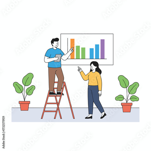 Product teams are developing a vector illustration concept for a website project, featuring a flat illustration isolated on a white background