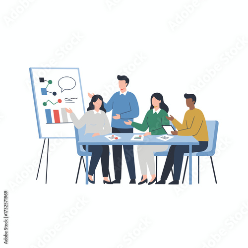 Illustration concept of business professionals collaborating in a shared space; a flat illustration set against a white background