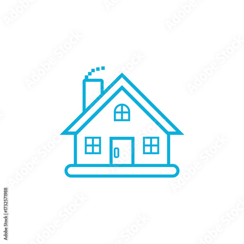 Teal Outline of House with Windows, Door, Chimney, Smoke with Transparent Background