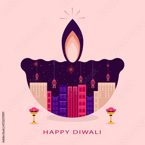 Creative Abstract vector illustration of a oil lamp lighting with a cityscape vibrant, colorful celebration background.