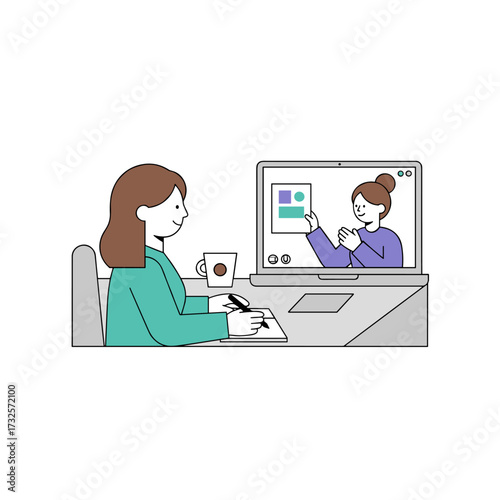 A female teacher delivering an online vector illustration lesson, depicted as a flat illustration set against a white background