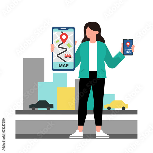 A woman holding a phone displaying the location of a smart electric car against a modern city skyline