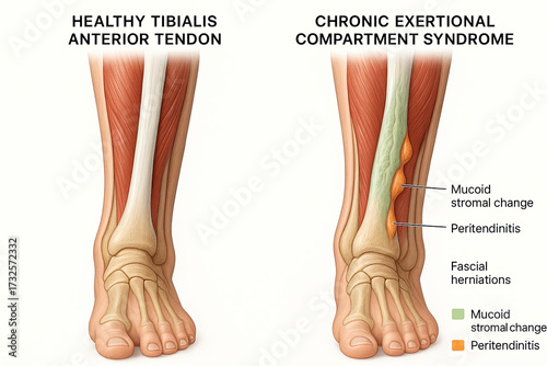 Anatomical illustration comparing a healthy tibialis anterior tendon with chronic exertional compartment syndrome, highlighting mucoid stromal change and peritendinitis.