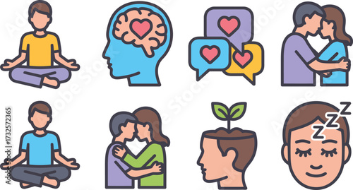 Mental Health and Self-Care Icon Set – Meditation, Mindfulness, Relationships, Emotional Wellness
