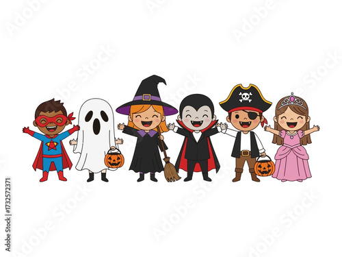 Children's Halloween Delight: A charming illustration showcasing children in vibrant costumes. capturing the spirit of fun and festivity.