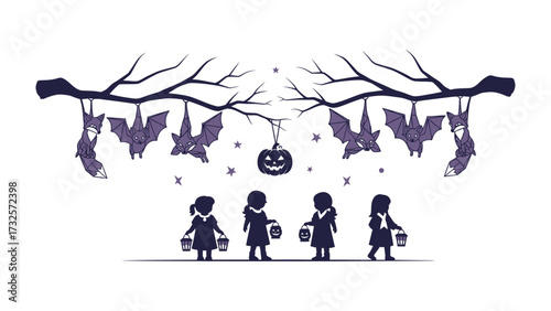 Halloween Night Silhouette: A spooky Halloween night scene featuring silhouette kids dressed in costume, gathering treats underneath a spooky tree filled with bats and a carved jack-o'-lantern.