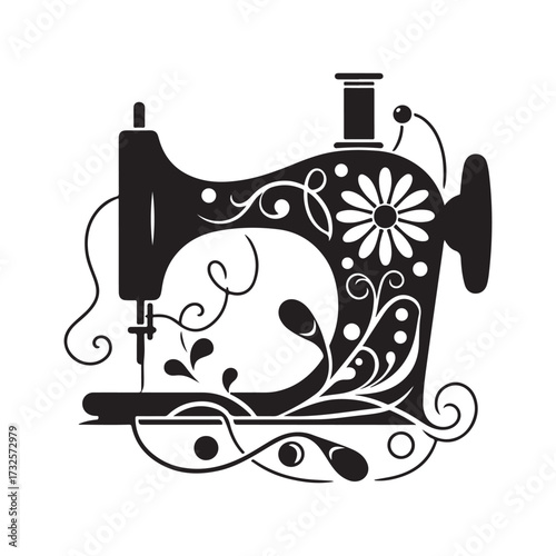Sewing machine with thread looping to flower vector silhouette outline logo design concept illustration