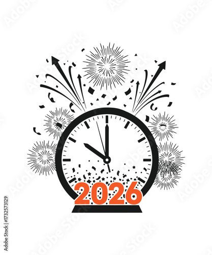 Vector art of clock striking midnight with fireworks, heralding the arrival of the year 2026 with anticipation