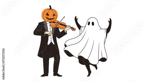 Halloween Concert: A whimsical illustration features a pumpkin-headed violinist serenading a dancing ghost, capturing the playful spirit of Halloween.