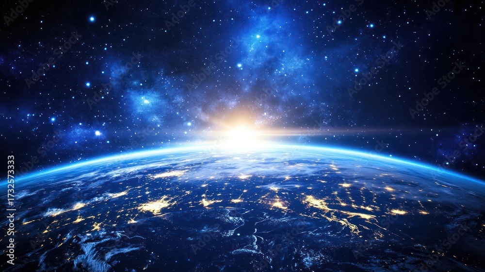 Obraz premium Earth and stars with a bright sun rise in space landscape background