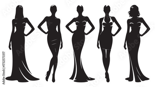Elegant women silhouettes in evening gowns vector fashion illustration for beauty and style concepts isolated on white background