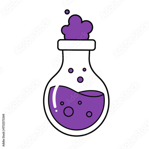 Cartoon illustration of a clear glass flask containing bubbling purple liquid, with a frothy overflow from the top.