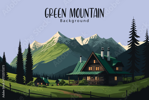 green mountains alp landscape cartoon wallpaper background, vector illustration