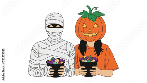 Halloween Characters in Celebration: Two figures, one adorned as a mummy and the other with a pumpkin head, stand side-by-side, holding brimming candy buckets.