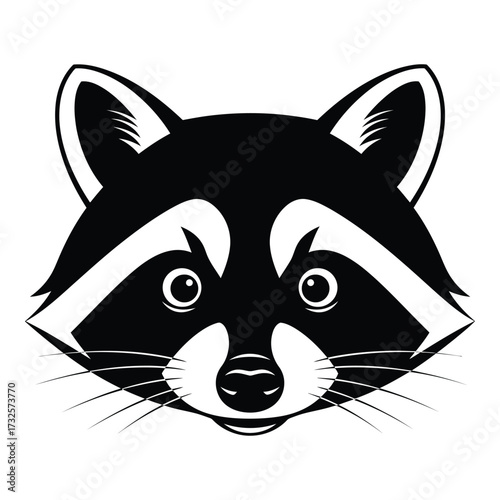 Expressive black and white raccoon face close-up graphic design element for wildlife themes silhouette