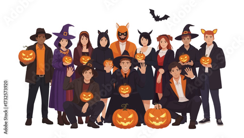 Spirited Halloween Gathering: A spirited group of costumed individuals, each holding carved pumpkins and bats flying above, celebrating the Halloween spirit with joy and festivity. 