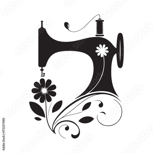 Sewing machine with thread looping to flower vector silhouette outline logo design concept illustration