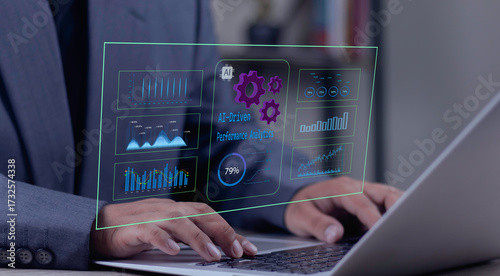 Foto Businessman analyzing AI powered performance analytics data on dashboard interface