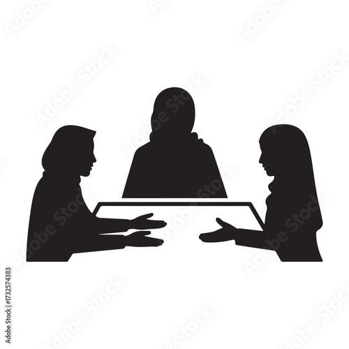 Three people in a meeting discussing ideas around a table silhouette