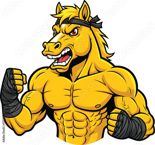 Muscular cartoon horse flexing biceps with fierce expression