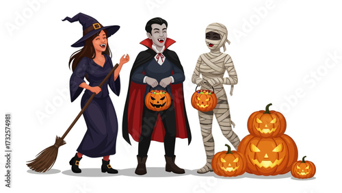 Spooky Gathering of Characters: A whimsical tableau featuring a witch, a vampire, and a mummy, all adorned in their classic Halloween attire and posed alongside grinning jack-o'-lanterns.