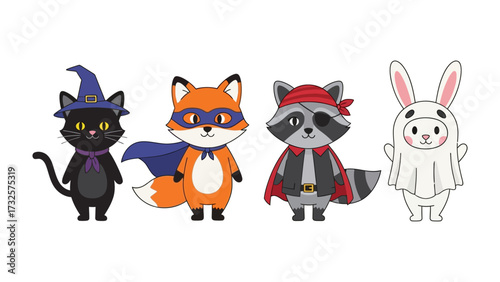 Halloween Costume Party: Adorable cartoon animals dressed in charming Halloween costumes. Capture the festive spirit. 