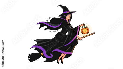 Mystic Witch Aloft: A captivating illustration of a witch, gliding gracefully through the air on her broomstick, a glowing lantern illuminating her nocturnal journey.