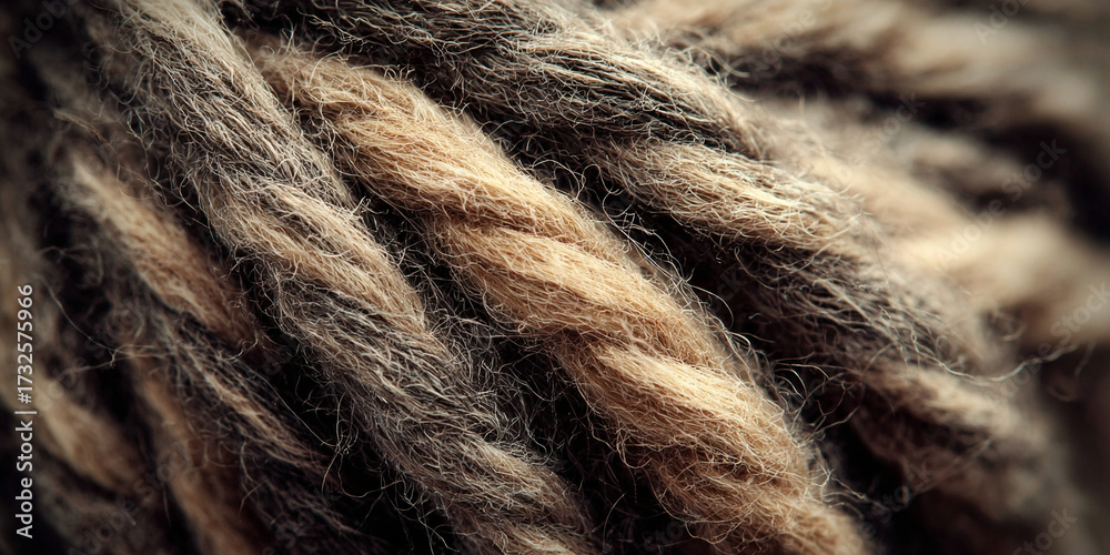 Fototapeta premium Brown wool strands braided into twisted rope forming handmade textile background with natural fiber texture - AI generated